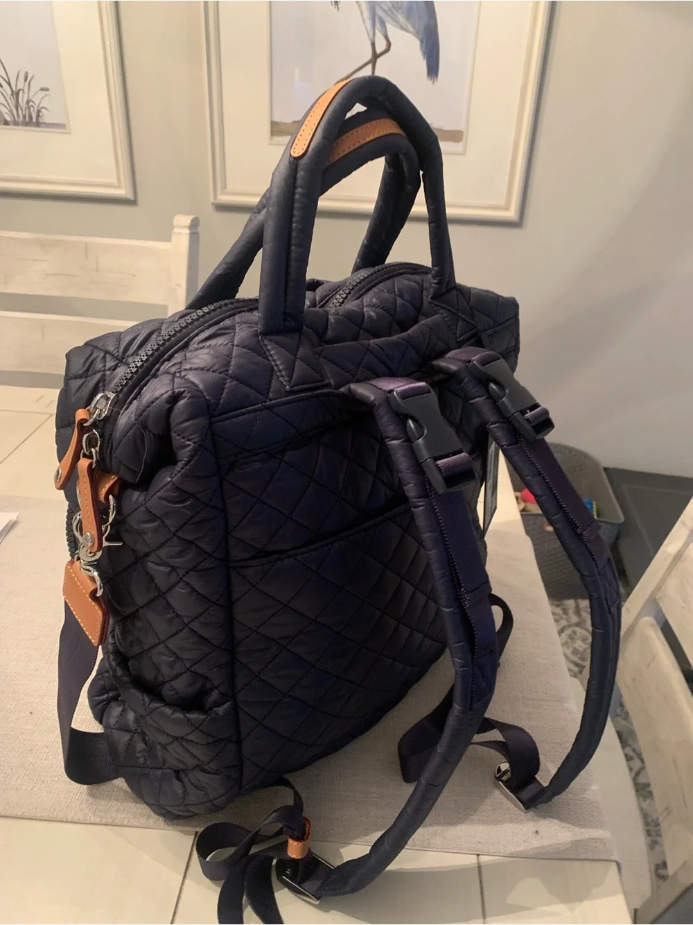 MZ Wallace Quilted Navy Backpack Tote with Leather Accents